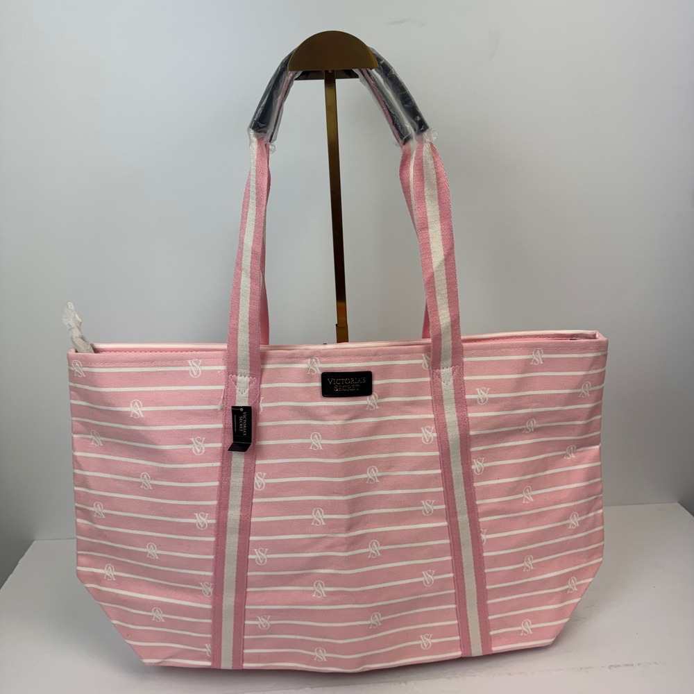 Victorias Secret Pink White Striped Canvas Logo Tote Bag Zip Top New 28853670